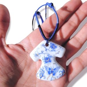 Hand Crafted New Blue Butterfly & Flowers Dress White Porcelain Pendant Necklace